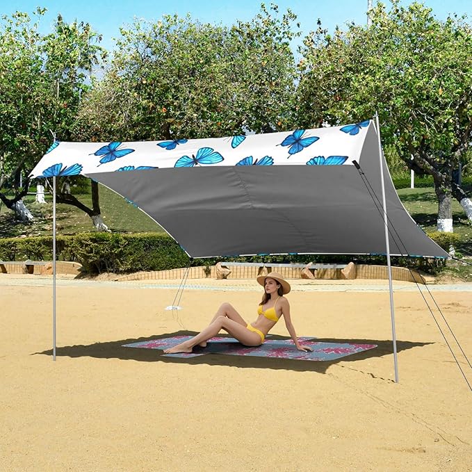 Beach Canopy with Windproof Ropes &amp Sandbags Beach Tent Sun Shade Sun Shelter for Camping Trips Fishing Backyard Fun or Picnics Blue Butterfly