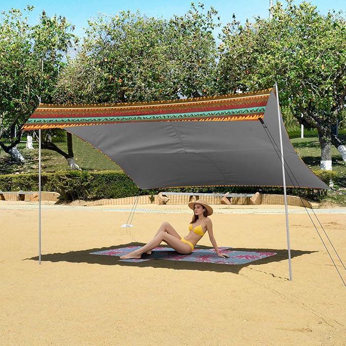 xigua Boho Tribal Aztec Beach Tent Sun Shelter with Carrying Bag - Silver Coated Oxford Fabric Beach Canopy for Beach Camping Fishing - Includes Windproof Ropes Sandbags &amp Stakes