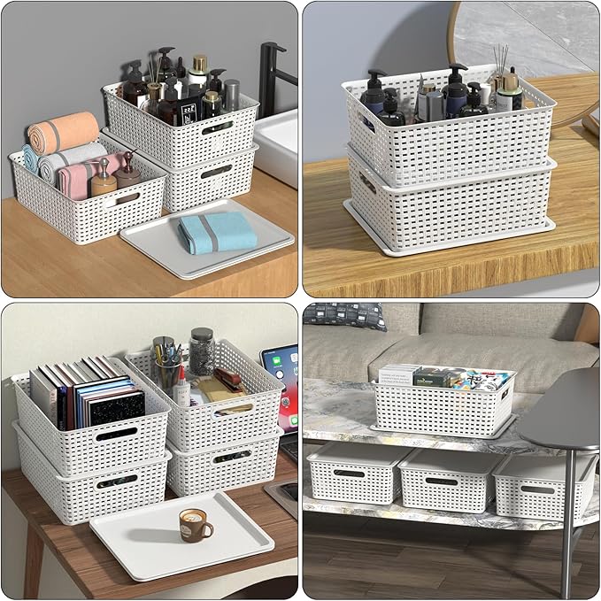 6 Packs Plastic Woven Storage Basket with Lid Stackable Lidded Storage Baskets for Shelves (White)