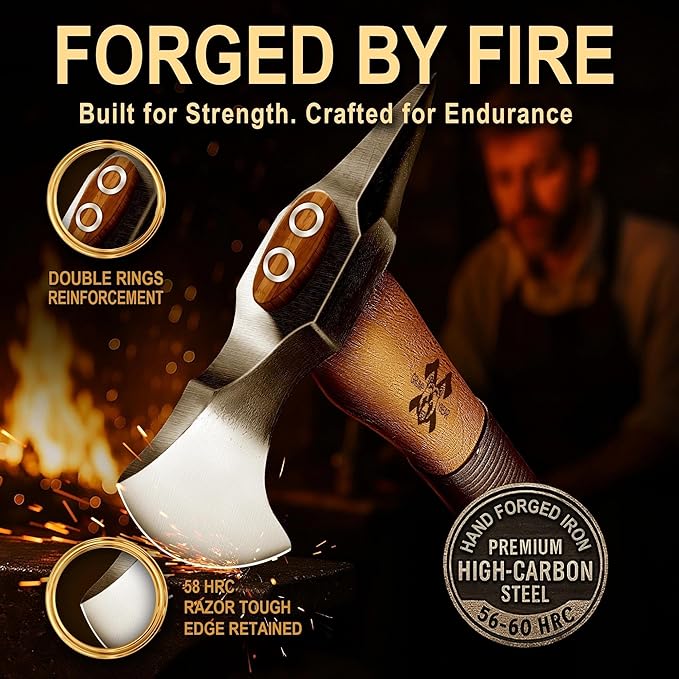 Grumpy Bear 15 Camping Hatchet Survival Axe with Sheath High Carbon Steel and Wood Handle Anti-Slip Grip – Ideal for Bushcraft Wood Splitting &amp Outdoor Adventures