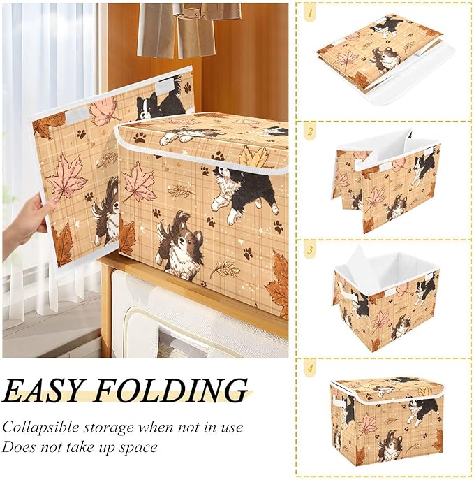 Brown Plaid Puppy Leaf Paw Storage Box with Lid 1 PC Foldable Storage Bin with Lids Stackable Storage Bins Cube Closet Organizer Basket with Flip-Top Lid &amp Handles for Shoes Books Towels