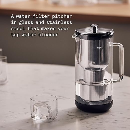 Aarke Purifier Regular Glass Pitcher Bundle w/Steel Filter BPA-Free 4 Pure Refill Granules - Filters Heavy Metals 2.4L Pitcher with 1.18L Filtration Capacity