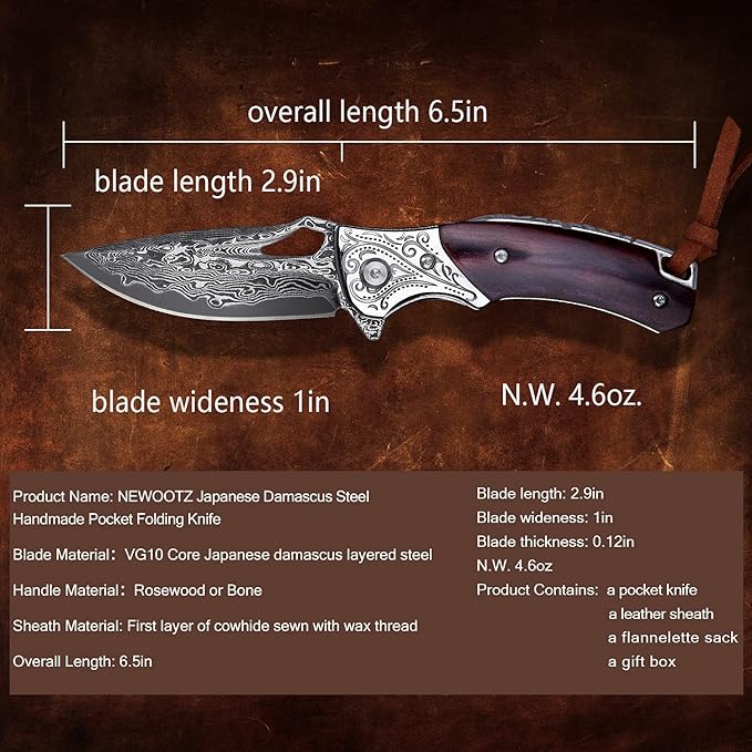 Handmade Damascus Steel Flipper Folding Knife with Pocket Clip Liner Lock Tactical Knife for Camping Hunting Fishing and EDC