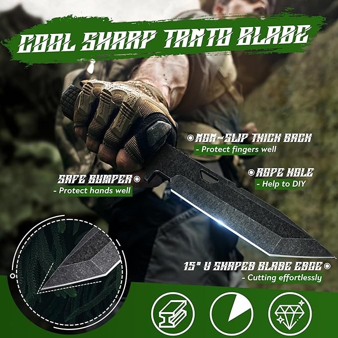 Dragon Creek Tactical Knife Kydex - Outdoor Survival Knife with Sheath D2 Steel Blade G10 Full Tang Handle for Camping Hiking Christmas Thanksgiving Gift Men Black