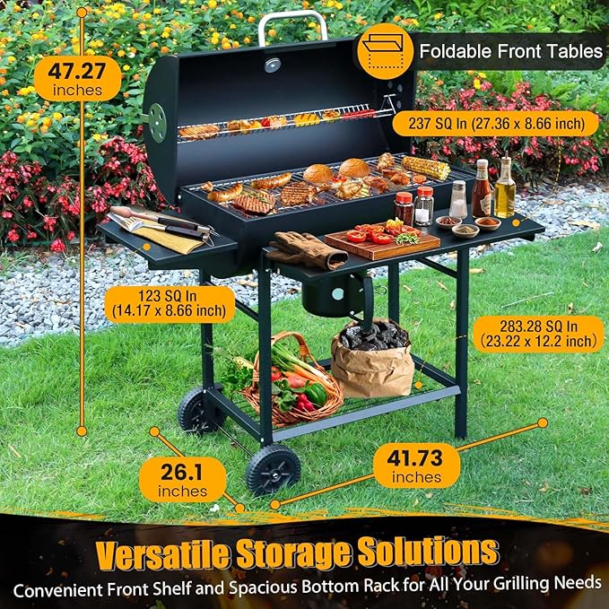 Charcoal BBQ Grills Outdoor: Spacious Barrel Barbecue Grill with Side Front Table - Premium BBQ Smoker Combo for Backyard Cooking Patio Grilling Tailgating Party Camping Picnic