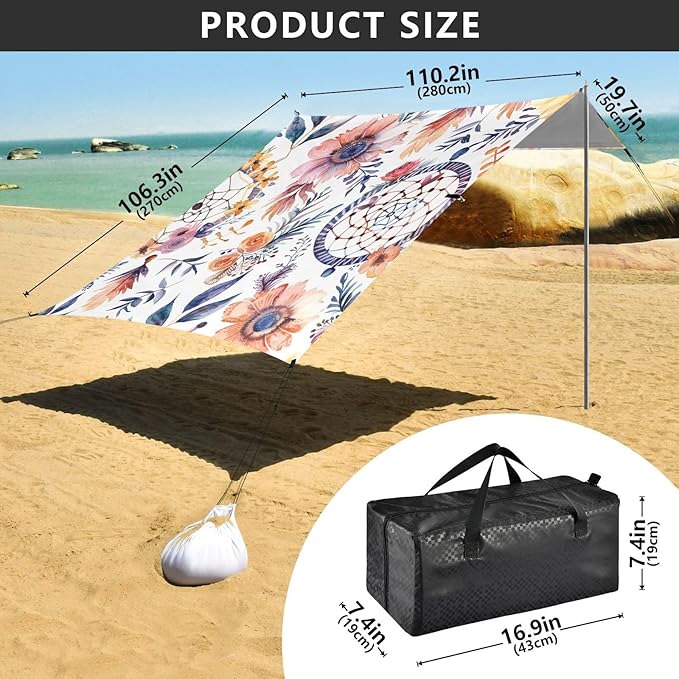 ALAZA Watercolor Ethnic Bohemian Dream Catchers and Flowers Beach Tent Sun Shelter Portable Canopy Sunshade for Outdoor Camping Picnics Backyard Fun 10x9 ft