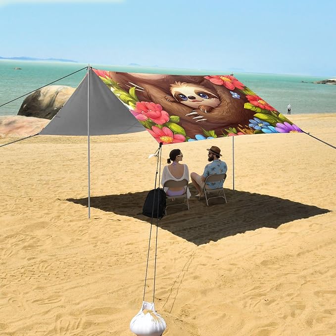 ALAZA Threes Sloths Butterfly Flower Beach Tent Sun Shelter Portable Canopy Sunshade for Outdoor Camping Picnics Backyard Fun 10x9 ft