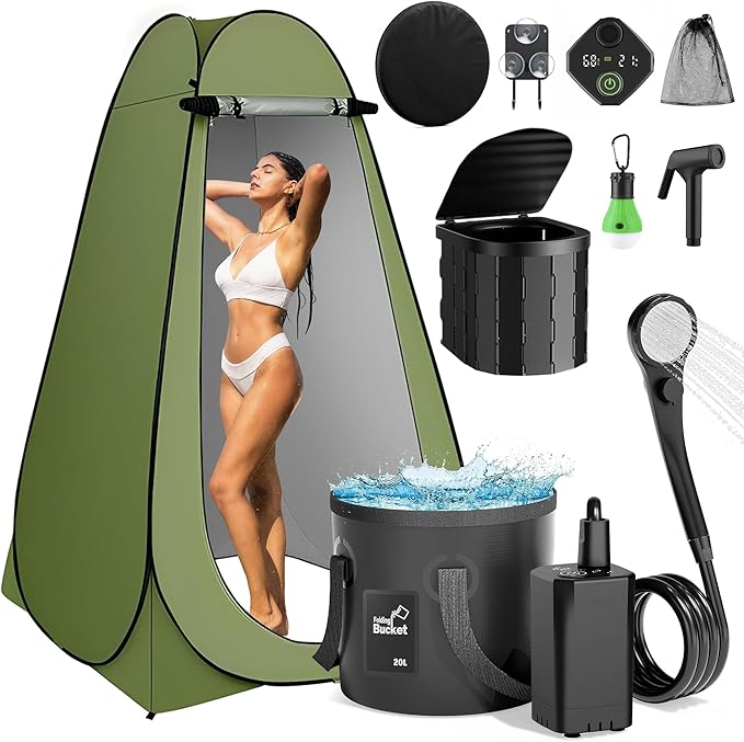 Portable Camping Shower Pop Up Privacy Tent Kit with LED Light and Foldable Toilet 6000mAh LCD Screen Shower Pump 5.3 Gallons Bucket Outdoor Shower for Hiking Travel Car