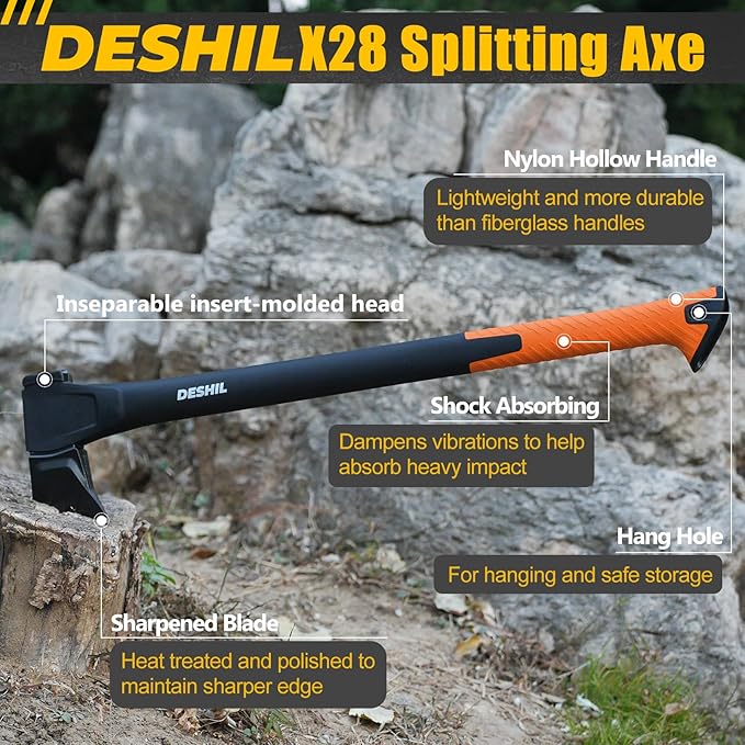 X25 Wood Splitting Axe 28” Camping Outdoor Hatchet for Wood Splitting and Kindling Forged Carbon Steel Heat Treated Hand Maul Tool Nylon Hollow Handle Shock Reduction Handle