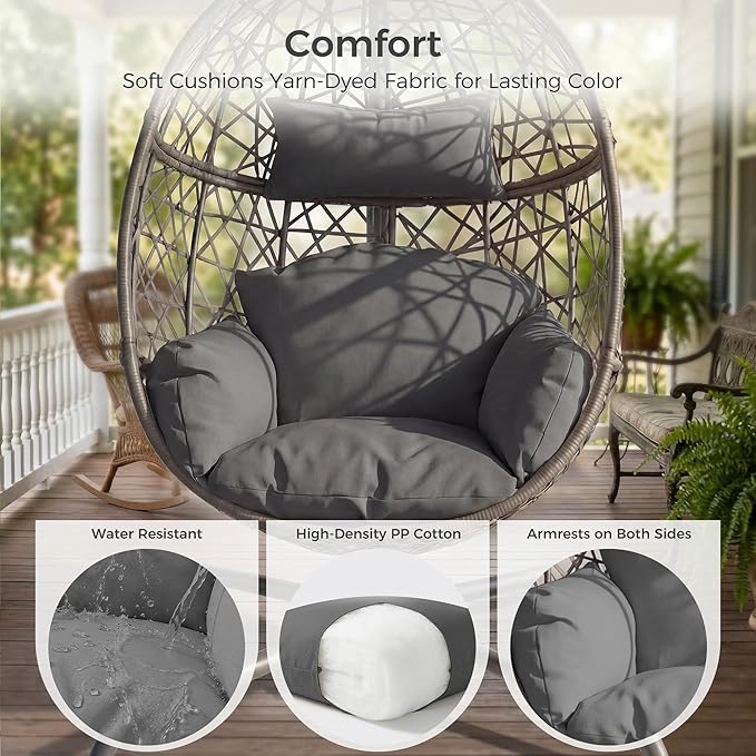 BULEXYARD Oversized Hanging Egg Chair with Stand Indoor Outdoor Wicker Bird Cage Swing Chair Patio Hammock Egg-Shaped Swinging Chair with Dark Grey Cushion for Garden Bedroom 350LBS Capacity