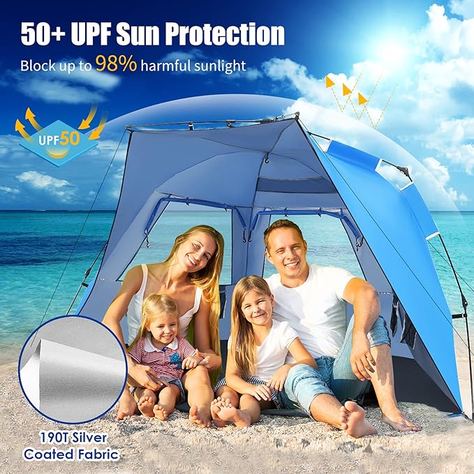 Tangkula 3-4 Person Easy Pop Up Beach Tent UPF 50+ Portable Sun Shelter w/ 3 Ventilation Windows Zippered Front Porch 4 Storage Pockets &amp Carrying Bag Instant Beach Sun Shade with 8.5mm Rod