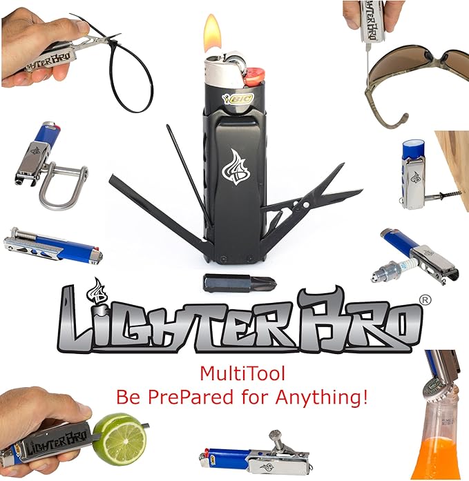 LighterBro Pro Lighter Sleeve - Multi-Tool - 420 Stainless Steel - Easily Fits Your Favorite Lighters - Includes Mini Pocket Knife Ruler Scissors Screwdriver Poker Key Ring &amp More (Black)
