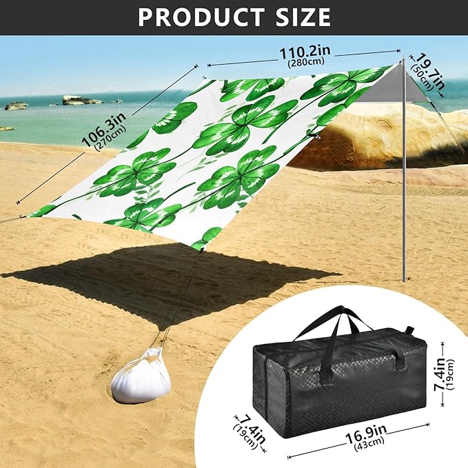 Beach Canopy with Windproof Ropes &amp Sandbags Beach Tent Sun Shade Sun Shelter for Camping Trips Fishing Backyard Fun or Picnics St. Patrick's Day Clover
