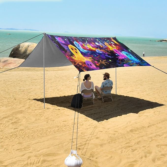 ALAZA Ghosts Halloween Beach Tent Sun Shelter UPF50+ Protection Beach Shade Canopy w/ 4 Sandbags for Outdoor Camping Fishing Backyard Fun Picnic 10x9 ft