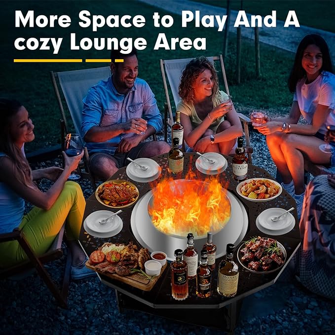38 Inch Fire Pit Surround Tabletop for Solo Stove Bonfire up to 17.5 and Most Wood Burning Fire Pits 18.4 in Inner Coated Metal Outdoor Fire Pit Table with 360° Safety Barrier