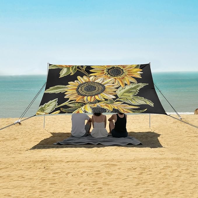 ALAZA Sunflower Embroidery Style Beach Tent Sun Shelter UPF50+ Protection Beach Shade Canopy w/ 4 Sandbags for Outdoor Camping Fishing Backyard Fun Picnic 10x9 ft