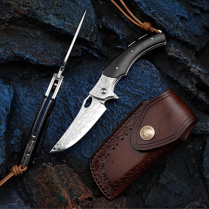 3.5 inch Japanese VG10 Damascus Steel Outdoor Folding Knife with Black Wood Handle Lined Lock EDC &amp Camping Use