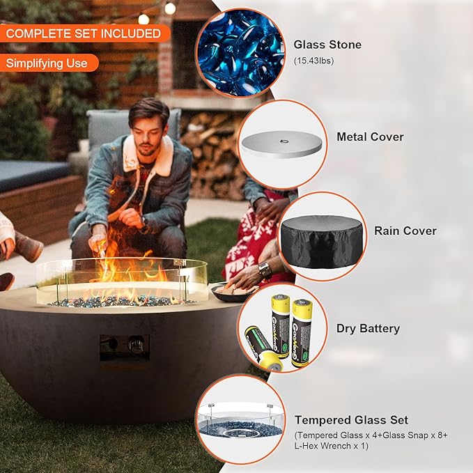 VEVOR Propane Fire Pit Outdoor Concrete Gas Fire Pit 39 in Tabletop with Lava Rocks LidRain CoverAdjust Flame Height Camping Firepit for Heating Lighting 50000 BTU