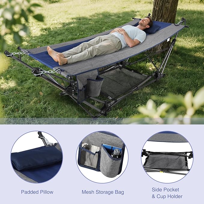 RedSwing Portable Folding Hammock with StandFoldable Camping Hammock with Removable PillowStorage NetFoldable Lounge Camping Bed for Adults for OutdoorBackyardBeachGardenLawn