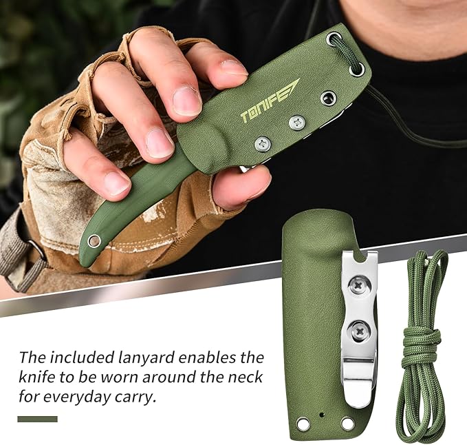 TONIFE Nova 2.68'' Blade Mini Neck Knife Full Tang Fixed Blade Knife with Kydex Sheath and Adjustable Paracord Lanyard for Camping Outdoor Survival Tool (Green+Satin)