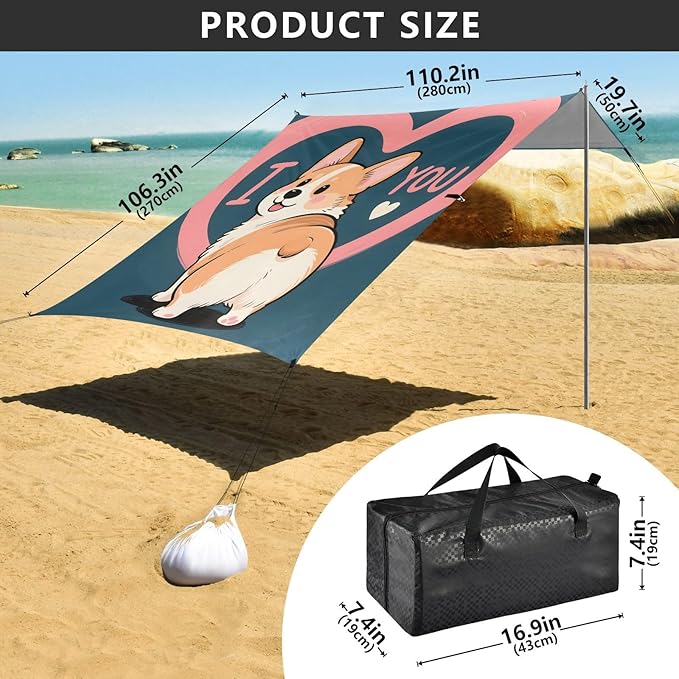 ALAZA Cute Corgi Pink Heart Beach Tent Sun Shelter Portable Canopy Sunshade for Outdoor Camping Picnics Backyard Fun 10x9 ft