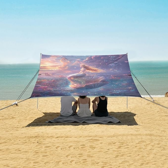 ALAZA Mermaid Beach Tent Sun Shelter UPF50+ Protection Beach Shade Canopy w/ 4 Sandbags for Outdoor Camping Fishing Backyard Fun Picnic 10x9 ft