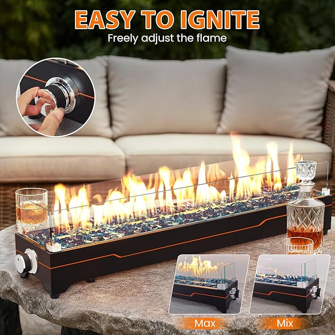 GRISUN Tabletop Fire Pit36 Inch Propane Fire Pit Table50000 BTU Table Top Firepit with Glass Wind GuardStainless Steel BurnerFire GlassPortable Propane fire Pit for Patio Camping Backyard &amp