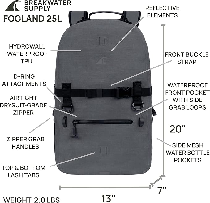 Breakwater Supply™ Fogland CORDURA Waterproof IP68 Submersible Backpack | Tech Bag with Laptop Sleeve &amp Airtight Zippers for Travel Work Commute College Gaming Unisex TPU (Goshen Gray 25L)