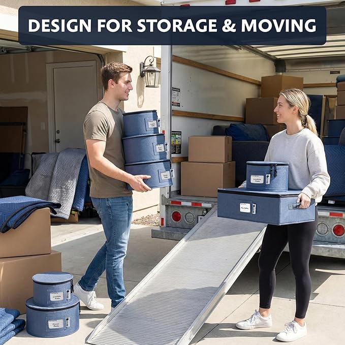 Dinner Plates Storage Container - Hard Shell China Organizer with Dividers - Holds 12 Plates of 12 - Durable &amp Stackable Storage Box for Seasonal Dishware Protection - Denim Blue