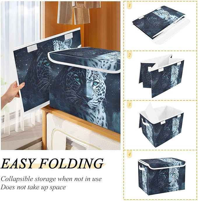 Storage Cube with Lid White Black Leopard Print 16.5×12.6×11.8 IN Collapsible Large Capacity Foldable Storage Basket Bin Organizer