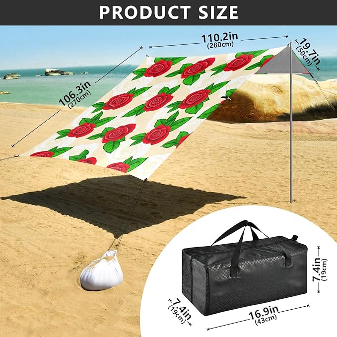 Beach Canopy with Windproof Ropes &amp Sandbags Beach Tent Sun Shade Sun Shelter for Camping Trips Fishing Backyard Fun or Picnics Rose