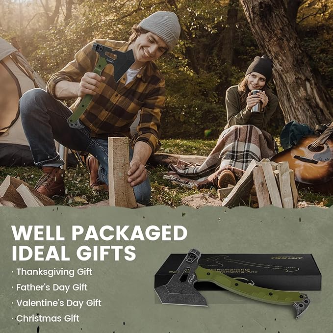 Tactical Axe with G10 Handle Camping Survival Hatchet Multifunctional Hiking Outdoor Heavy Duty Full Tang Tomahawk Tools with Hammer Unique Design Crowbar Leather Sheath (Green)