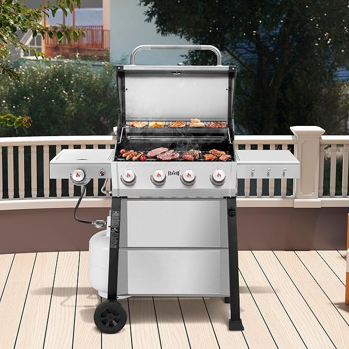 Feasto Propane Gas Grill 36000 BTU Outdoor Patio BBQ Porcelain-Enameled Cookbox &amp Porcelain-Enameled Cast-Iron Grates 559 Sq. In. Black (Black 4) (Stainless Steel)
