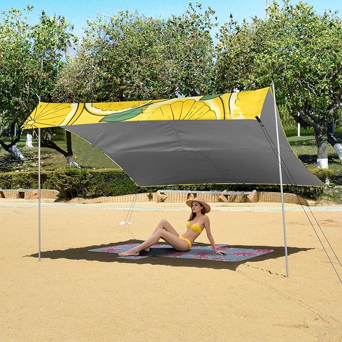 ALAZA Hand Drawn Lemon Leave Beach Tent Sun Shelter Portable Canopy Sunshade for Outdoor Camping Picnics Backyard Fun 10x9 ft