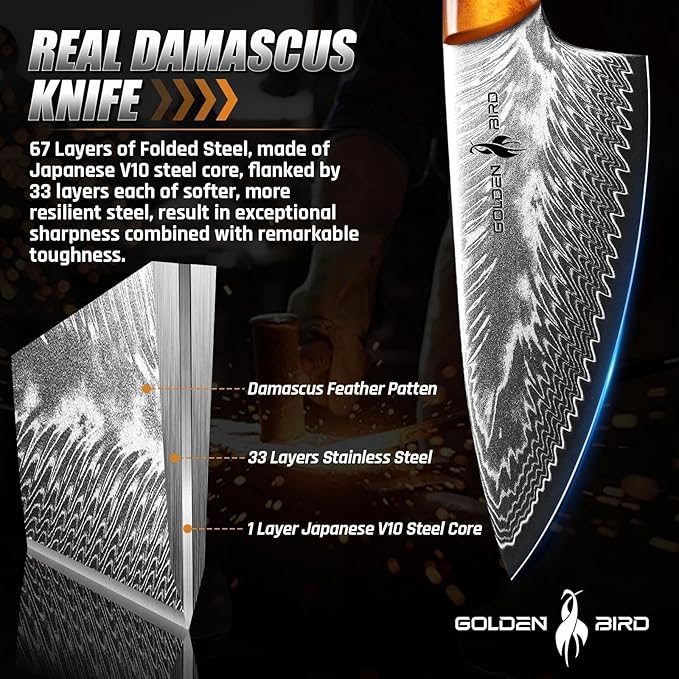 Golden Bird Damascus Steel Knife for Kitchen and Outdoor - Hand Forged Chef Camping Knife with Resin Handle &amp Wood Sheath All Purpose Cooking Survival Hunting KnivesGift for Men &amp Women