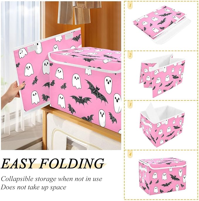 Storage Cube with Lid Halloween Bats Print 16.5×12.6×11.8 IN Collapsible Large Capacity Foldable Storage Basket Bin Organizer