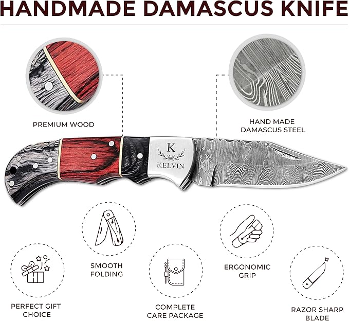 Custom Pocket Knife gifts for Men Personalized Damascus Folding Knife Engraved Gifts for Him Dad Boyfriend Husband Anniversary Groomsmen Gifts. Custom Knife for Camping Hunting Everyday Carry (