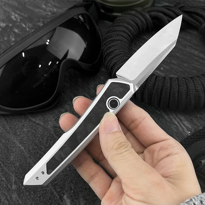 Compact Folding Knife 2.95 Inches Reverse Tanto Blade. T6 Aluminum Embedded with Carbon Fiber Handle. Suitable for Outdoor Camping EDC Fishing Tools Men's Gift.