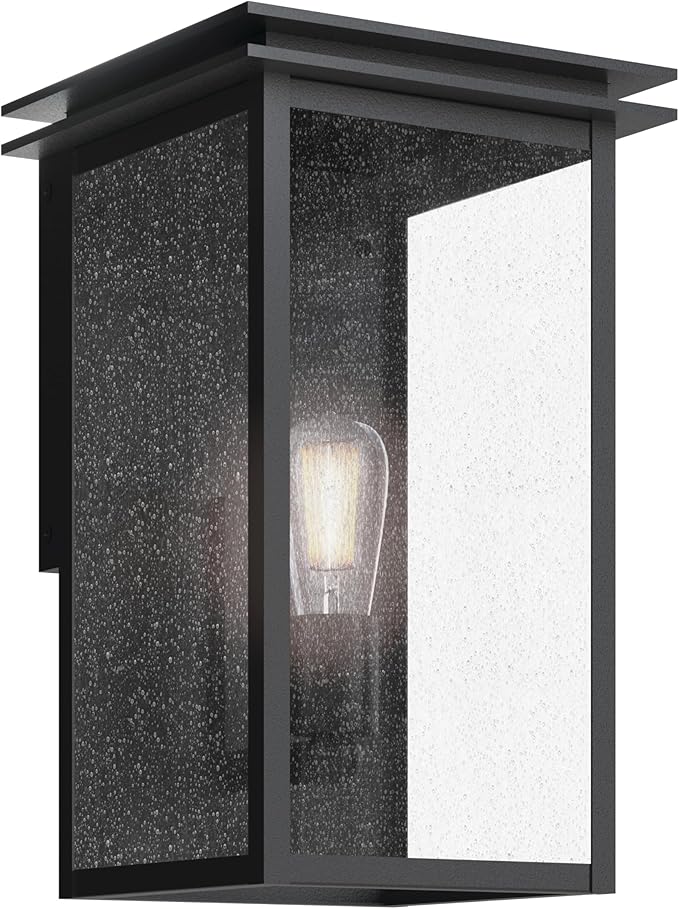 Kichler Arkville 14 1 Light Outdoor Wall Light with Clear Seeded Glass in Textured Black for Exterior Doors Walls Porch (14 x 8.5) 59541BKT