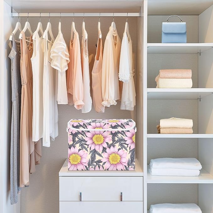 Storage Cube with Lid Aesthetic Floral Print 16.5×12.6×11.8 IN Collapsible Large Capacity Foldable Storage Basket Bin Organizer