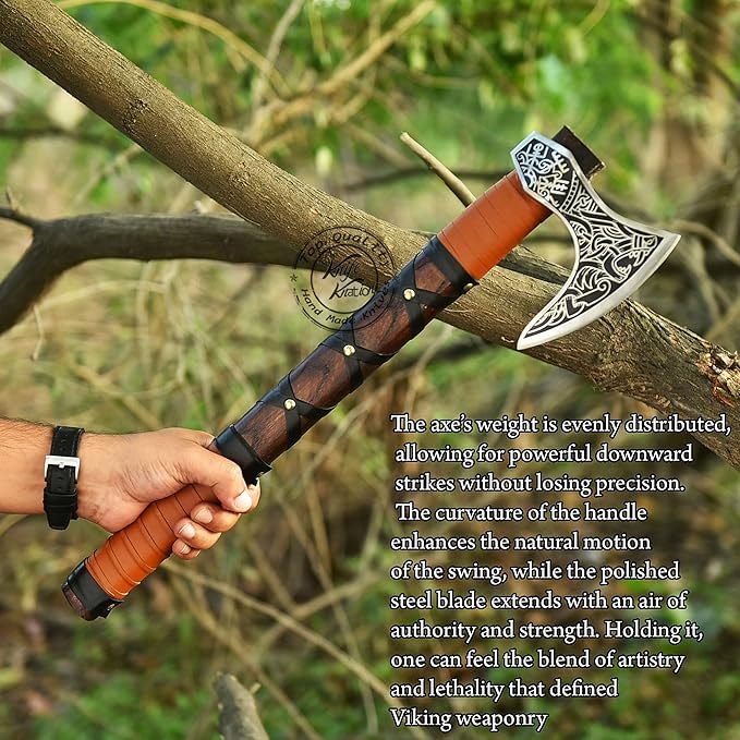 Hand-Forged Engraved Viking Axe of Ragnar Lothbrok Hunting Axe Handmade Camping Axes Hatchet-Norse Axe Tomahawk Vikings Bearded Axes with Leather-Wrapped Handle &amp Sheath (AXE-12)