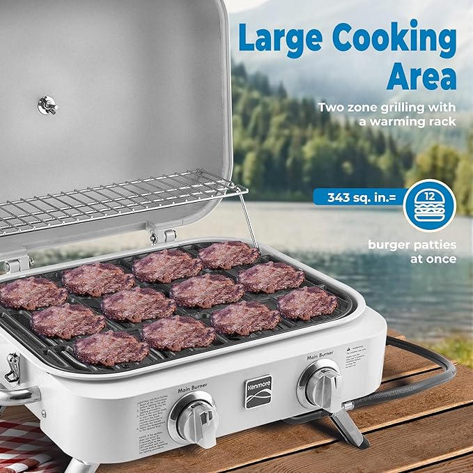 Kenmore Portable Propane Gas Grill - Tabletop BBQ Grill with Warming Rack 2 Stainless Steel Burners with 14000 BTUs for Outdoor Kitchen Camping Pearl
