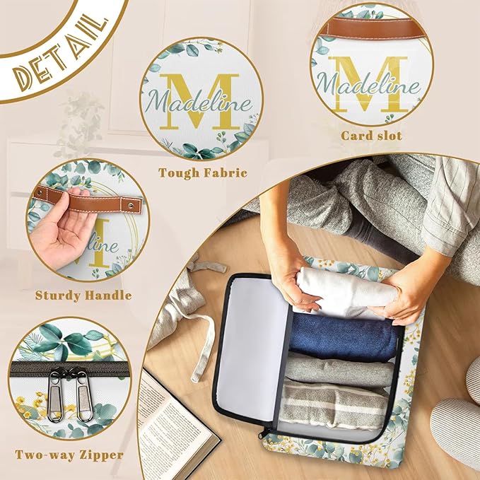 Personalized Eucalyptus Initials Storage Bins with Zipper Lid Custom Fabric Storage Boxes Foldable Closet Organizers Cubes for Clothes Shelves Home Decorative 2PCS Flower Leaves