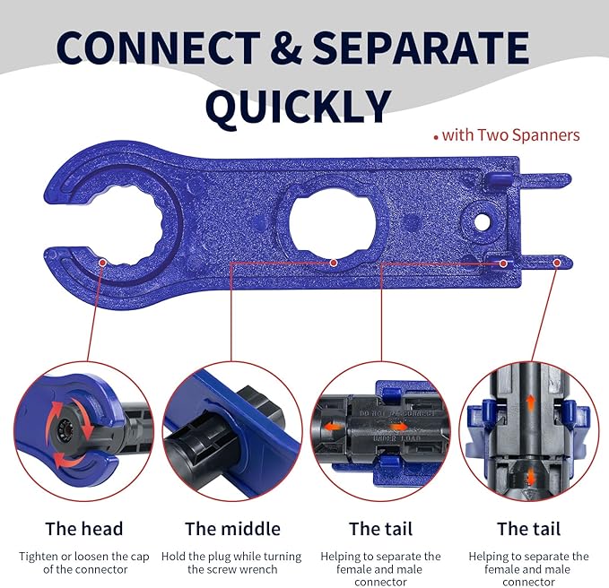 60PCS Solar Connector Crimping Tool Kit for Connecting Solar Panel Cable Wire with 30 Pairs MC4 Connectors AWG13-10 Crimper and Stripper2pcs Spanner WrenchSolar Panel Connectors in the bag.