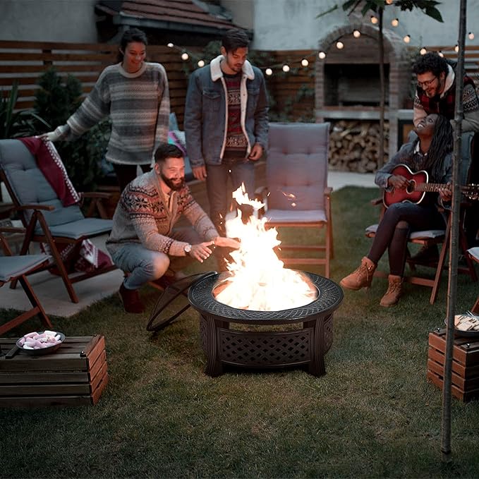 Giantex 3 in 1 Fire Pit 32 Outdoor Wood Burning Fire Pit Multifunctional Round Firepit Stove Metal Fire Bowl with Cover Portable Fire Pits for Outside Heating Bonfire Picnic Grill