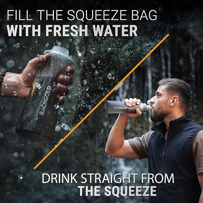 Water Filter Camping – Bachgold Squeeze Foldable Squeeze Bottle | Ultralight Backpacking Filtration for Hiking Survival &amp Emergency | Dual-Stage Filtration Swiss Design