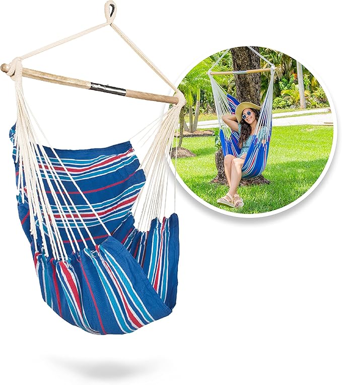 Bliss Hammocks WM-412F_2 Polyester Multi Color Hammock Chair with Collapsible Push-Pin Spreader Bar Patriotic Stripe