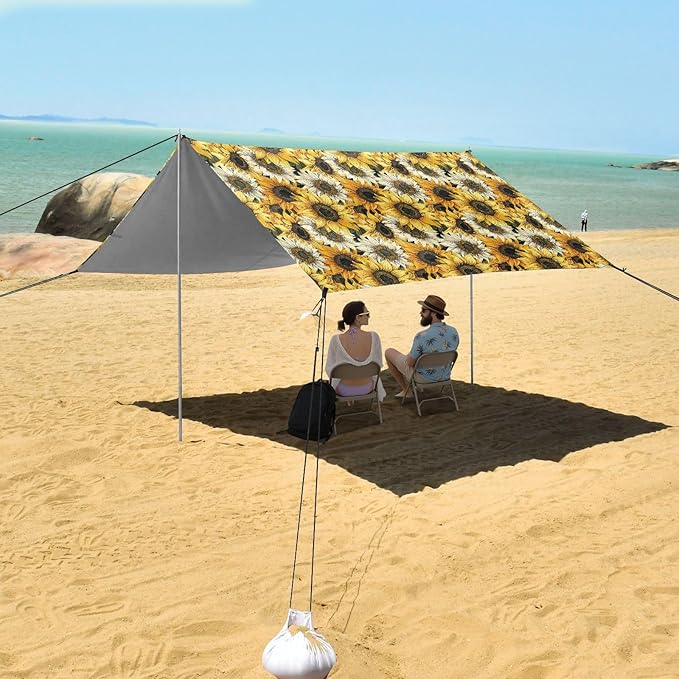 ALAZA Sunflower Vintage Yellow &amp White Beach Tent Sun Shelter UPF50+ Protection Beach Shade Canopy w/ 4 Sandbags for Outdoor Camping Fishing Backyard Fun Picnic 10x9 ft