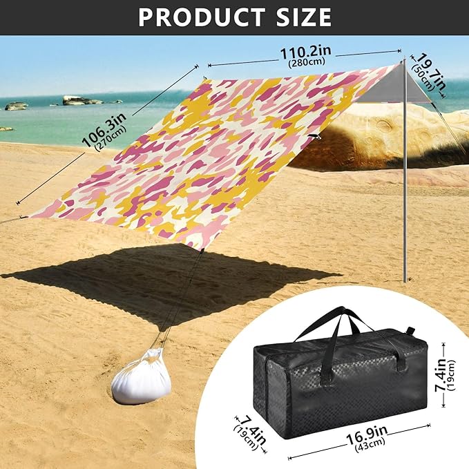 ALAZA Pink Yellow Colors Leopard Beach Tent Sun Shelter Portable Canopy Sunshade for Outdoor Camping Picnics Backyard Fun 10x9 ft