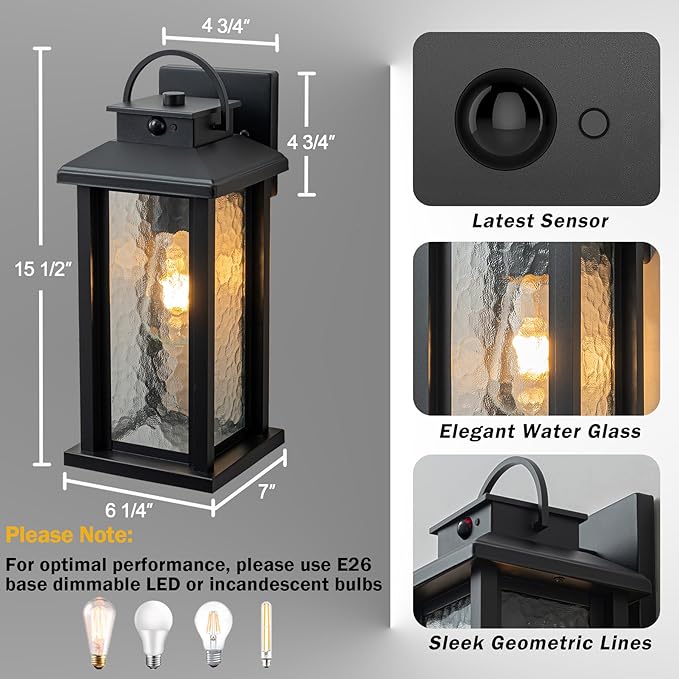2 Pack Motion Sensor Outdoor Lights Matte Black Dusk to Dawn Porch Lights Outdoor Light Fixture with Water Glass 3 Lighting Modes Exterior Lighting Fixtures Waterproof Outside Light for House